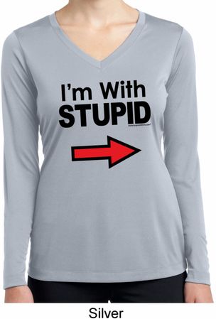 I'm With Stupid Black Print Ladies Dry Wicking Long Sleeve Shirt