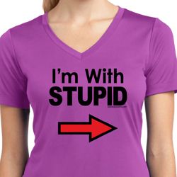 I'm With Stupid Black Print Ladies Moisture Wicking V-neck Shirt