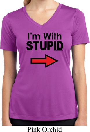 I'm With Stupid Black Print Ladies Moisture Wicking V-neck Shirt