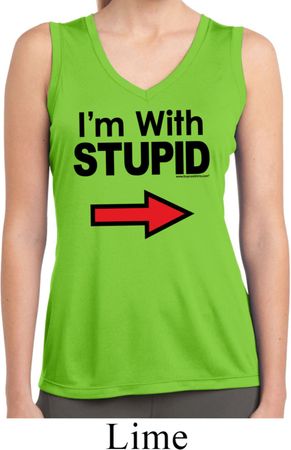 I'm With Stupid Black Print Ladies Sleeveless Moisture Wicking Shirt