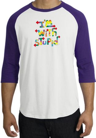 I'm With Stupid Raglan Shirt - Funny Two Ways Adult White/Purple Tee