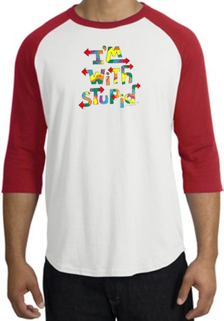 I'm With Stupid Raglan Shirt - Funny Two Ways Adult White/Red Tee