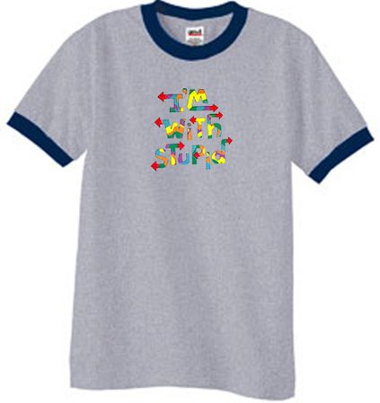 I'm With Stupid Ringer T-Shirt - Funny Two Ways Heather Grey/Navy Tee