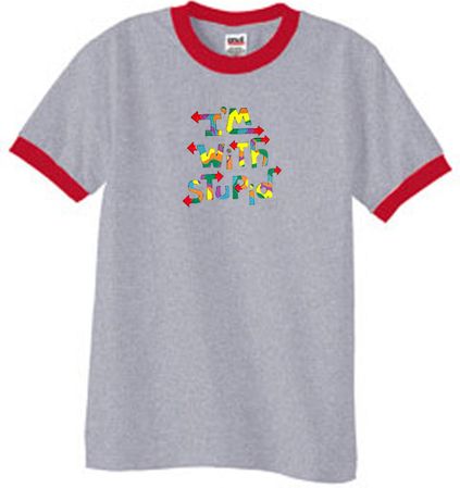 I'm With Stupid Ringer T-Shirt - Funny Two Ways Heather Grey/Red Tee
