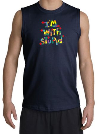 I'm With Stupid Shooter Shirt - Funny Two Ways Adult Navy Muscle Shirt