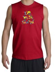 I'm With Stupid Shooter Shirt - Funny Two Ways Adult Red Muscle Shirt I'm With Stupid Shooter Shirt - Funny Two Ways Adult Red Muscle Shirt