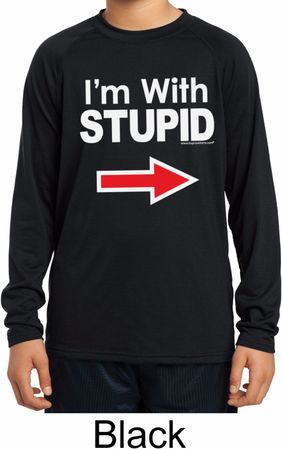 I'm With Stupid White Print Kids Dry Wicking Long Sleeve Shirt