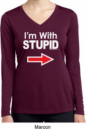 I'm With Stupid White Print Ladies Dry Wicking Long Sleeve Shirt
