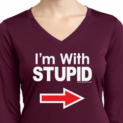 I'm With Stupid White Print Ladies Dry Wicking Long Sleeve Shirt