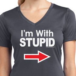 I'm With Stupid White Print Ladies Moisture Wicking V-neck Shirt