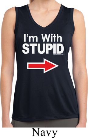 I'm With Stupid White Print Ladies Sleeveless Moisture Wicking Shirt