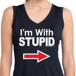 I'm With Stupid White Print Ladies Sleeveless Moisture Wicking Shirt