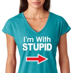 I'm With Stupid White Print Ladies Tri Blend V-Neck Shirt