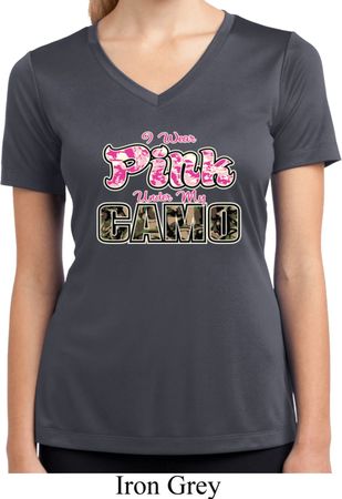 I Wear Pink Under My Camo Ladies Moisture Wicking V-neck Shirt