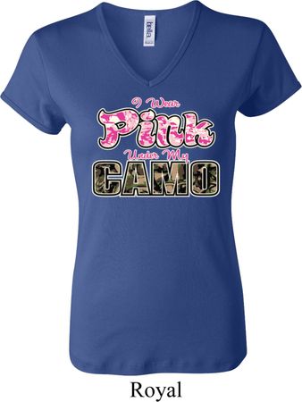 I Wear Pink Under My Camo Ladies V-neck Shirt