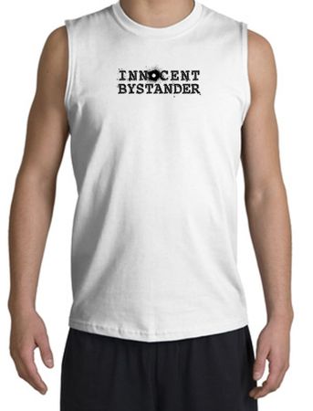 INNOCENT BYSTANDER BLACK Funny Adult Muscle Shirt Shooter - White