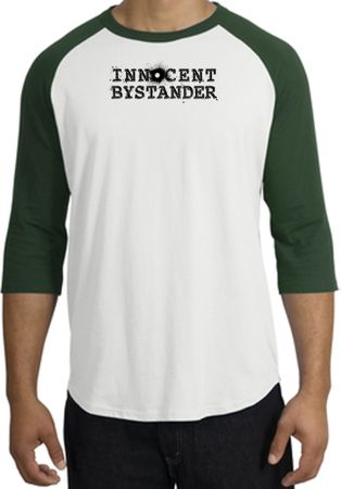 INNOCENT BYSTANDER BLACK Funny Adult Raglan T-shirt - White/Forest