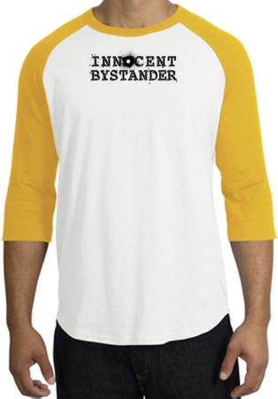 INNOCENT BYSTANDER BLACK Funny Adult Raglan T-shirt - White/Gold