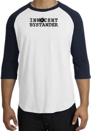INNOCENT BYSTANDER BLACK Funny Adult Raglan T-shirt - White/Navy