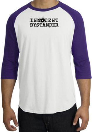 INNOCENT BYSTANDER BLACK Funny Adult Raglan T-shirt - White/Purple