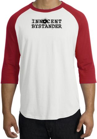 INNOCENT BYSTANDER BLACK Funny Adult Raglan T-shirt - White/Red