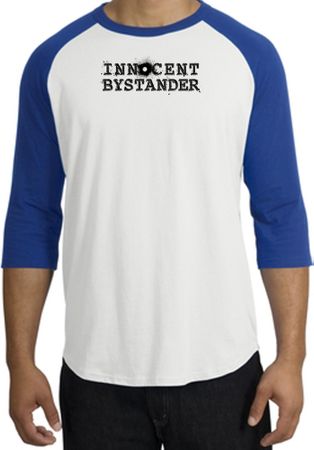 INNOCENT BYSTANDER BLACK Funny Adult Raglan T-shirt - White/Royal