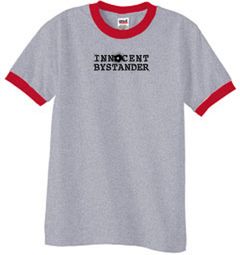 INNOCENT BYSTANDER BLACK Funny Adult Ringer T-shirt - Heather Grey/Red
