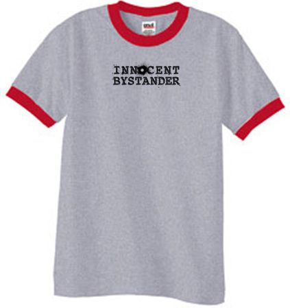 INNOCENT BYSTANDER BLACK Funny Adult Ringer T-shirt - Heather Grey/Red