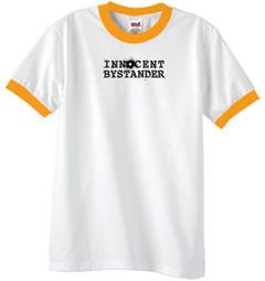 INNOCENT BYSTANDER BLACK Funny Adult Ringer T-shirt - White/Gold