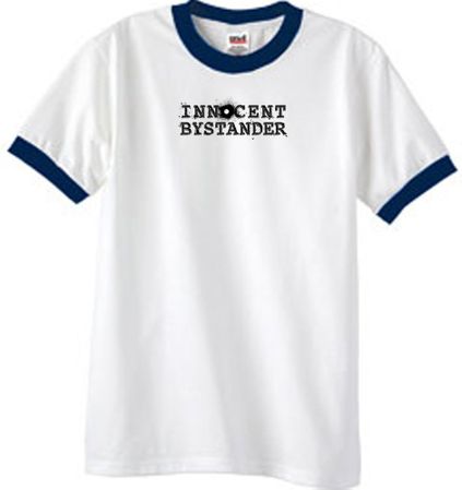 INNOCENT BYSTANDER BLACK Funny Adult Ringer T-shirt - White/Navy