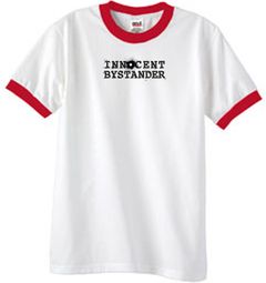 INNOCENT BYSTANDER BLACK Funny Adult Ringer T-shirt - White/Red