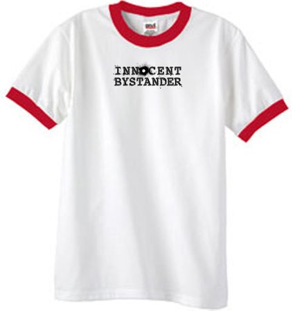 INNOCENT BYSTANDER BLACK Funny Adult Ringer T-shirt - White/Red