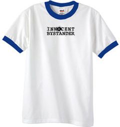 INNOCENT BYSTANDER BLACK Funny Adult Ringer T-shirt - White/Royal