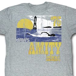 Jaws Shirt Amity Island 75 Adult Grey Tee T-Shirt Jaws Shirt Amity Island 75 Adult Grey Tee T-Shirt