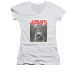 Jaws Shirt Juniors V Neck Block Classic Fear White T-Shirt Jaws Shirt Juniors V Neck Block Classic Fear White T-Shirt