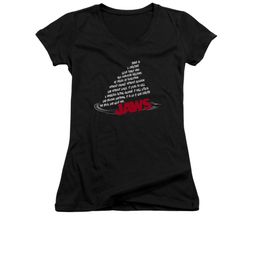 Jaws Shirt Juniors V Neck Dorsal Text Black T-Shirt Jaws Shirt Juniors V Neck Dorsal Text Black T-Shirt