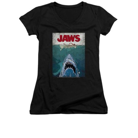 Jaws Shirt Juniors V Neck Lined Poster Black T-Shirt