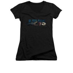 Jaws Shirt Juniors V Neck Logo Cut Out Black T-Shirt Jaws Shirt Juniors V Neck Logo Cut Out Black T-Shirt