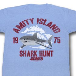 Jaws Shirt Shark Hunt Adult Light Blue Tee T-Shirt Jaws Shirt Shark Hunt Adult Light Blue Tee T-Shirt