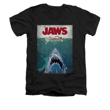 Jaws Shirt Slim Fit V-Neck Lined Poster Black T-Shirt