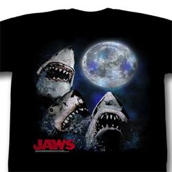 Jaws Shirt Three Shark Moon Adult Black Tee T-Shirt Jaws Shirt Three Shark Moon Adult Black Tee T-Shirt