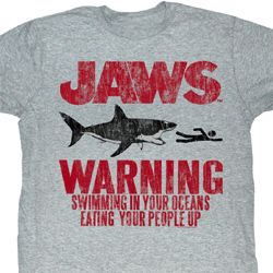Jaws Shirt Warning Adult Heather Grey Tee T-Shirt Jaws Shirt Warning Adult Heather Grey Tee T-Shirt