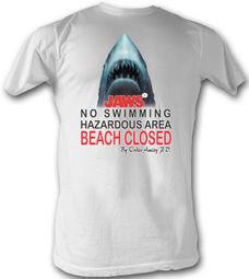 Jaws T-shirt Movie Beach Closed Adult White Tee Shirt Jaws T-shirt Movie Beach Closed Adult White Tee Shirt