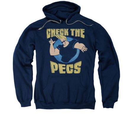 Johnny Bravo Hoodie Sweatshirt Check The Pects Navy Adult Hoody Sweat Shirt