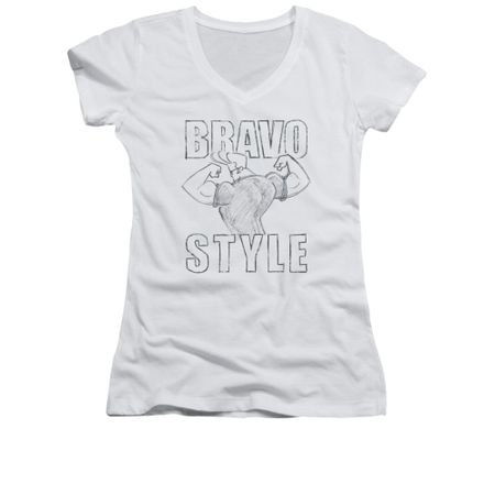 Johnny Bravo Shirt Juniors V Neck Bravo Style White Tee T-Shirt