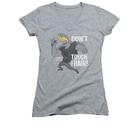 Johnny Bravo Shirt Juniors V Neck Hair Athletic Heather Tee T-Shirt