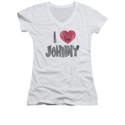 Johnny Bravo Shirt Juniors V Neck I Heart Johnny White Tee T-Shirt