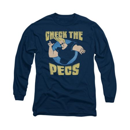Johnny Bravo Shirt Long Sleeve Check The Pects Navy Tee T-Shirt