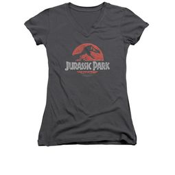 Jurassic Park Shirt Juniors V Neck Faded Logo Charcoal Tee T-Shirt Jurassic Park Shirt Juniors V Neck Faded Logo Charcoal Tee T-Shirt