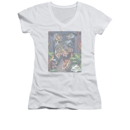 Jurassic Park Shirt Juniors V Neck Giant Door White Tee T-Shirt